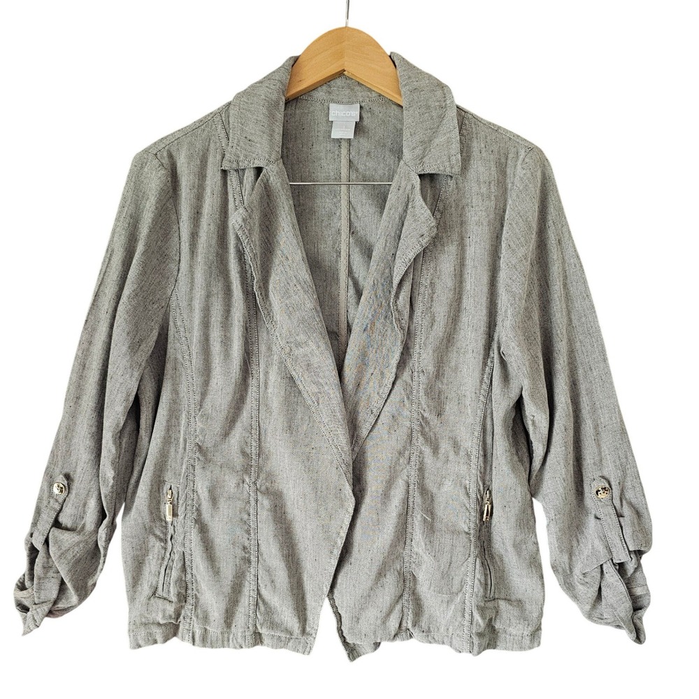 Chicos Gray Open Front Roll Tab Sleeve Blazer Jacket Size 1 US 8/10
